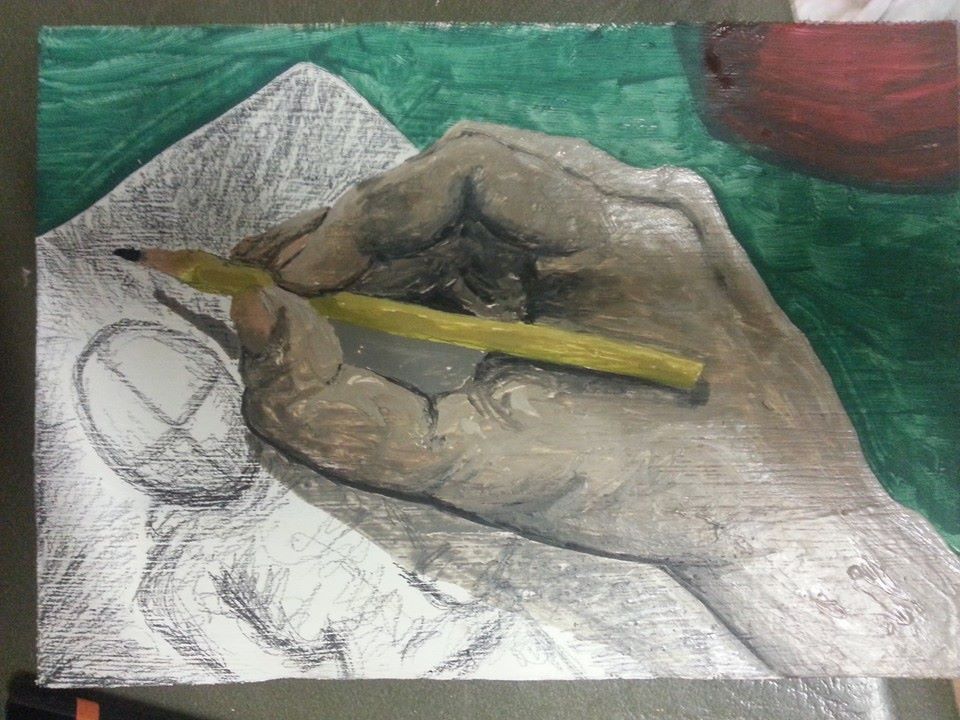 Small acrylic painting of my hand as it draws a figure in pencil